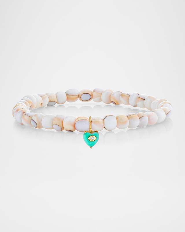 Small Turquoise Heart and Marquise Diamond Charm on Mosaic Luanos Shell Bracelet